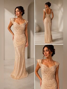 Champagne Gold Sequin Mermaid Evening Gown | New With Tags Formal Dress- Size 10